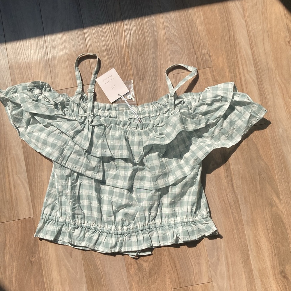 LC Lauren Conrad off the shoulder textured check w ruffle top L - Picture 12 of 16